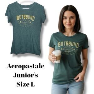 Aeropostale Top Green Graphic Tee "Outbound Explorer Goods" Junior’s Size Large